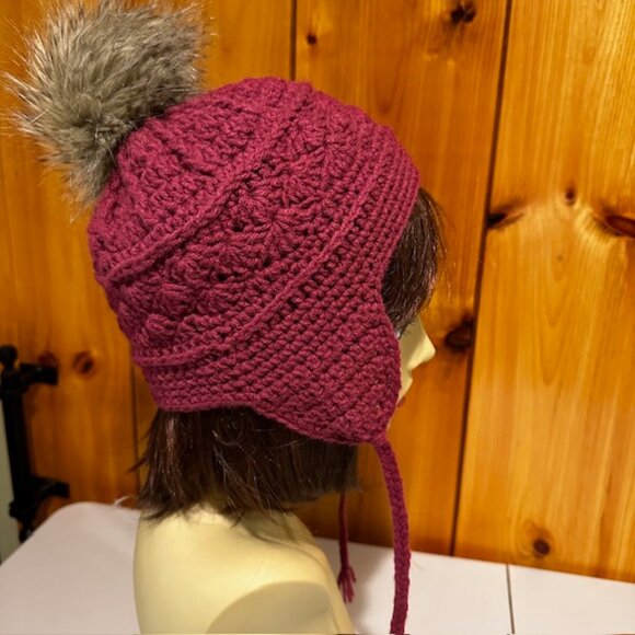 Wine Burgundy Hand Knit / Crochet Beanie with earflaps and Fur Pom Pom NEW - Picture 4 of 6